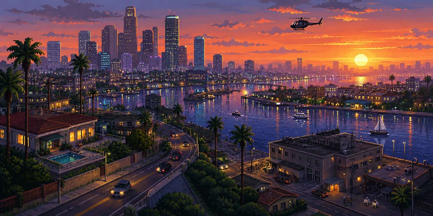 Pixel-art city at sunset: skyline, bay, palms and a coastal highway.
